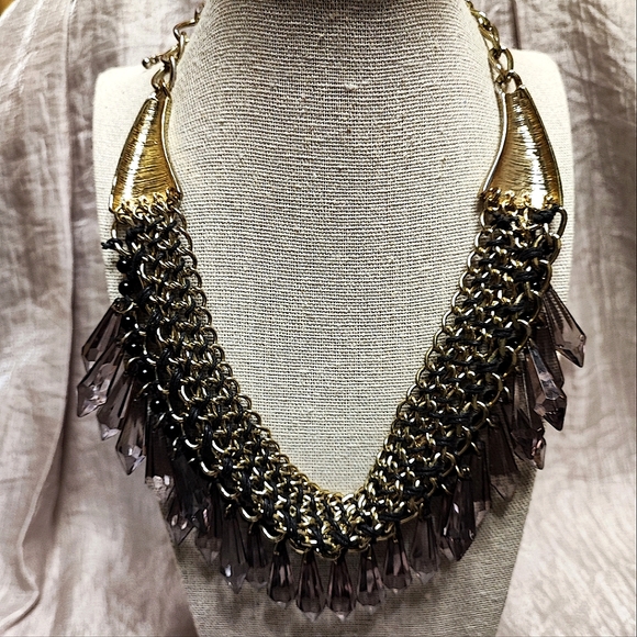 Smoke Acrylic Plastic Faceted Teardrop Black Prong Set Gold Rhinestone Necklace - Picture 4 of 13